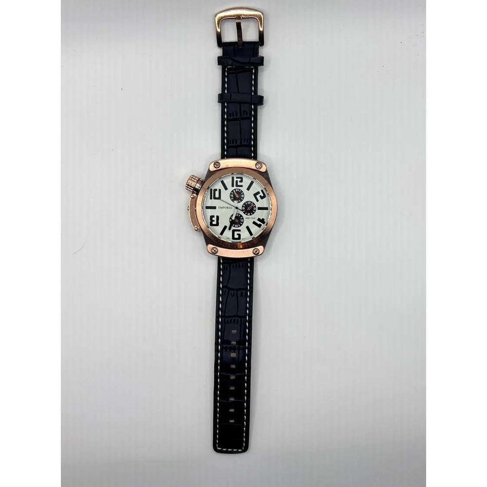 NWOT Emporio Watch NO.8975 Black/Rose Gold New Chronograph Canteen Crown